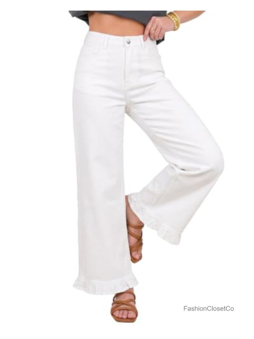 Wide Leg High Waisted Ruffle Hem Ankle Stretch Denim Cropped Jeans
